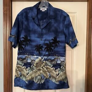 Pacific Legend Blue Chopper Motorcycle Hawaiian Aloha Shirt Med 100% Cotton